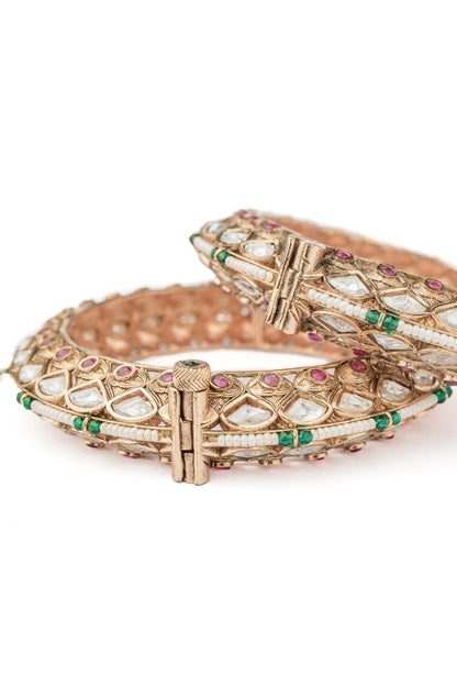 Gold Finish White Tear-Drop Shaped Stone Enameled Bangles (Set Of 2)