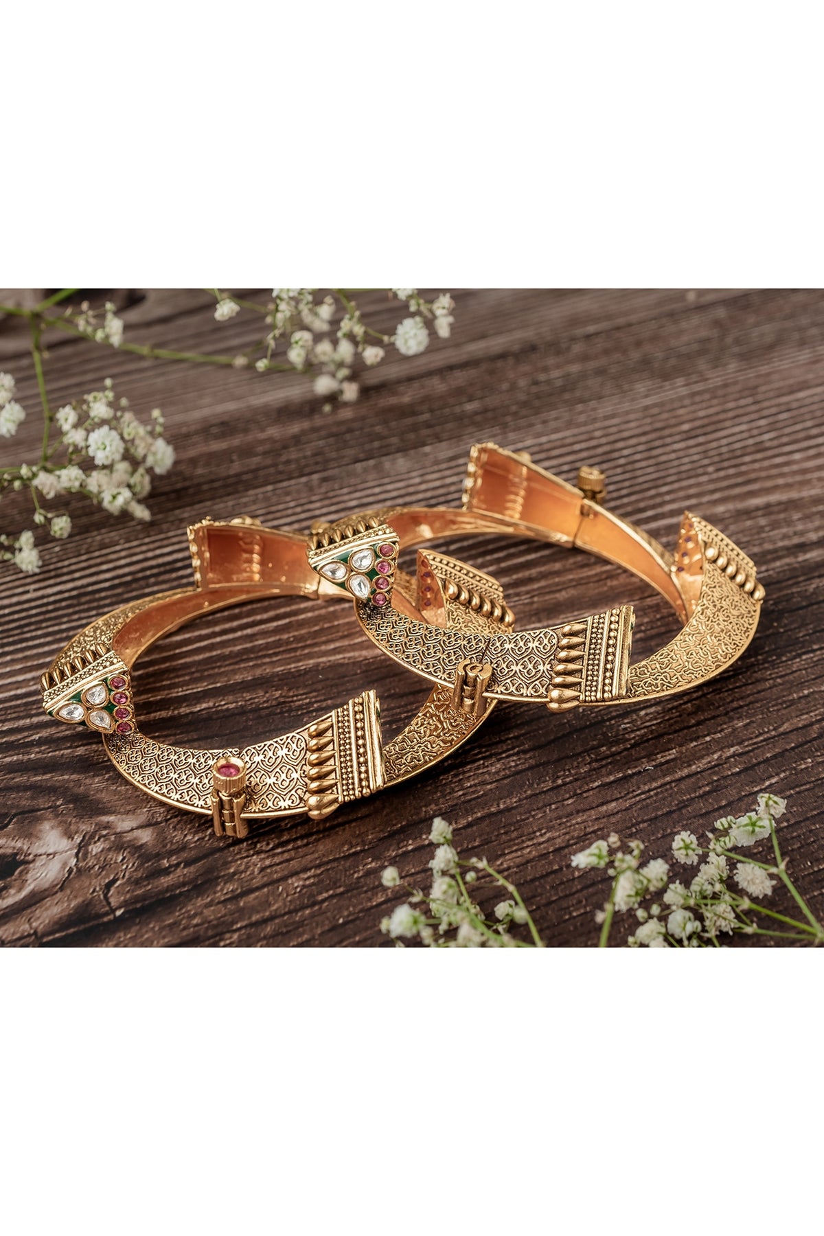 Gold Finish Multi-Colored Stone Temple Bangles (Set Of 2)