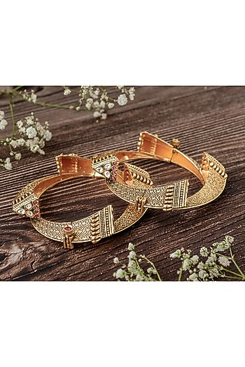 Gold Finish Multi-Colored Stone Temple Bangles (Set Of 2)