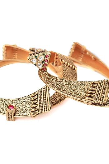 Gold Finish Multi-Colored Stone Temple Bangles (Set Of 2)