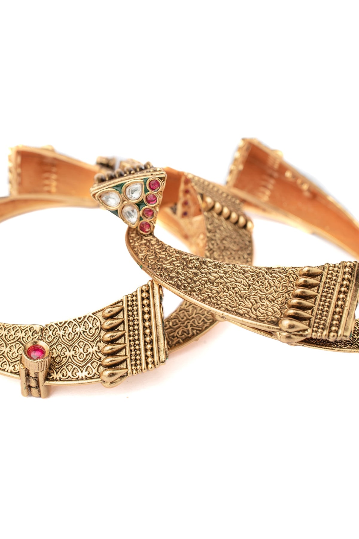 Gold Finish Multi-Colored Stone Temple Bangles (Set Of 2)