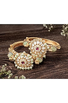 Gold Finish Kundan Polki & Green Stone Floral Bangles (Set Of 2)