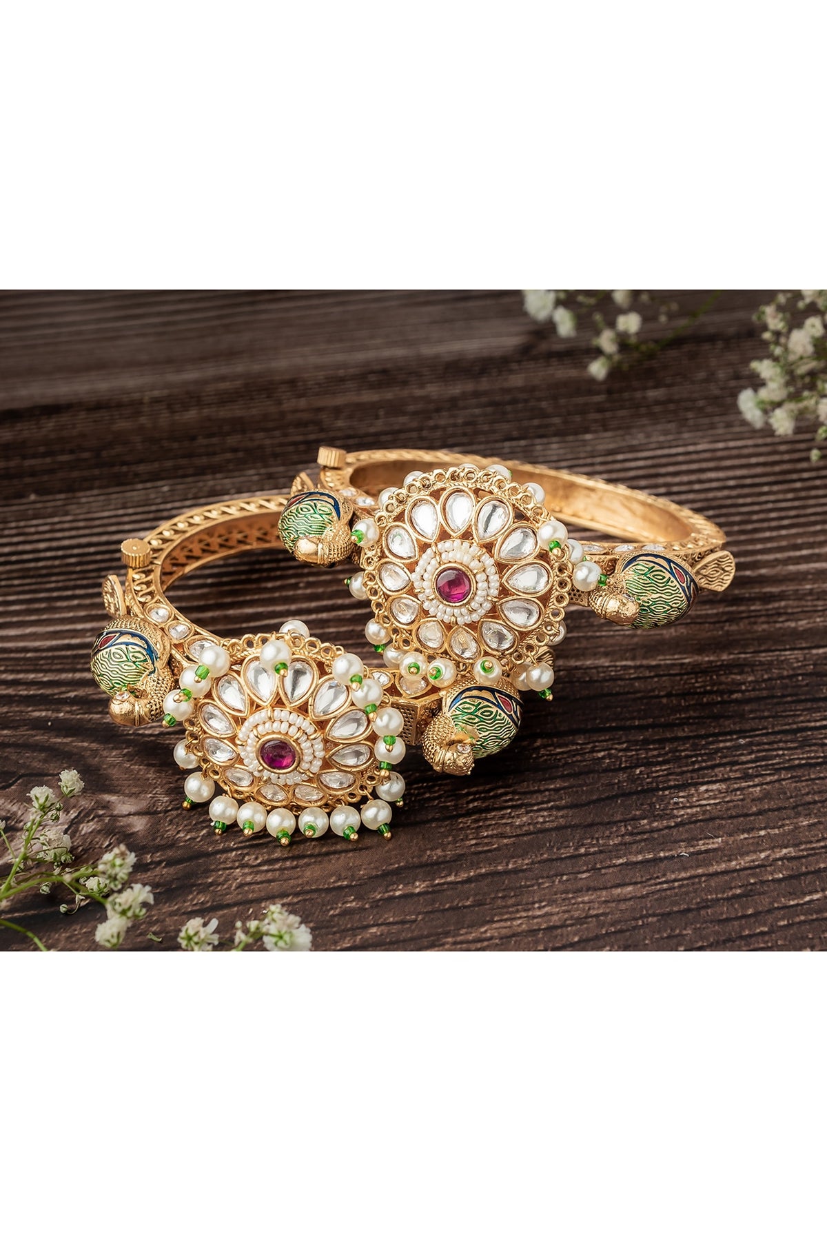 Gold Finish Kundan Polki & Green Stone Floral Bangles (Set Of 2)