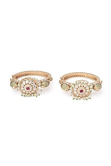Gold Finish Kundan Polki & Green Stone Floral Bangles (Set Of 2)