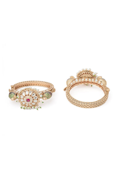 Gold Finish Kundan Polki & Green Stone Floral Bangles (Set Of 2)