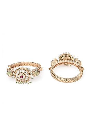 Gold Finish Kundan Polki & Green Stone Floral Bangles (Set Of 2)