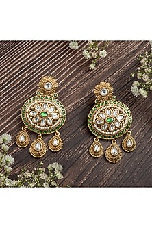 Gold Finish Green & White Gemstone Green Enameled Chandbali Earrings
