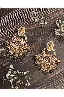 Gold Finish Pink & Green Beaded Chandbali Earrings