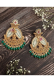 Gold Finish Pink & Green Drop Chandbali Earrings