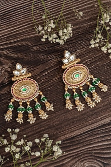 Gold Finish Green Stone & Beaded Floral Chandbali Earrings