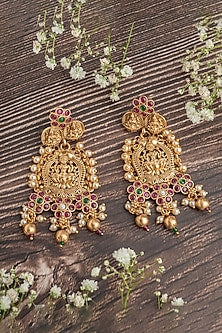 Gold Finish Pearl & Pink Gemstone Chandbali Earrings