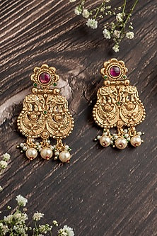 Gold Finish Green & Pink Gemstone Chandbali Earrings