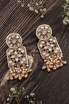 Gold Finish White & Pink Gemstone Dangler Earrings