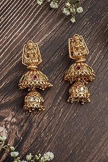 Gold Finish Green & Pink Gemstone Jhumka Earrings
