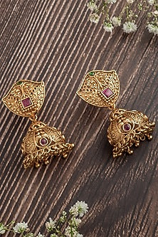 Gold Finish Pink Gemstone Leaf-Shaped Jhumka Earrings