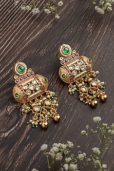 Gold Finish Pink & Green Gemstone Beaded Chandbali Earrings