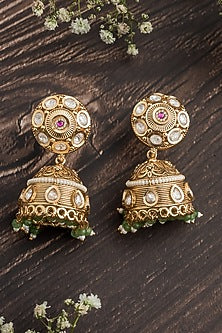 Gold Finish Green Gemstone Jhumka Earrings