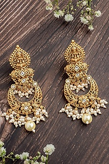 Gold Finish White Stone & Pearl Filigree Layered Earrings