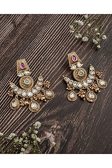 Gold Finish Pink & Green Stone Chandbali Earrings