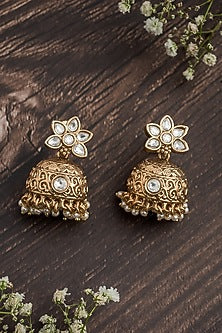 Gold Finish Gemstone & Beaded Floral Jhumka Earrings