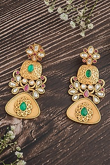 Gold Finish Green & Pink Gemstone Filigree Chandbali Earrings