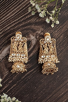 Gold Finish Pink & White Gemstone Chandbali Earrings