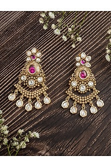 Gold Finish Tear-Drop Shaped Pink Gemstone Jhumka Earrings