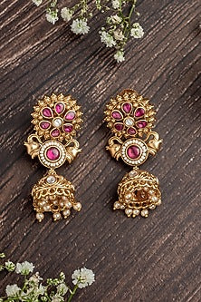 Gold Finish Pink Gemstone & Beaded Floral Jhumka Earrings