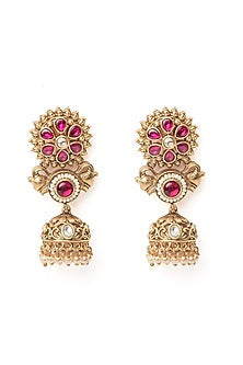 Gold Finish Pink Gemstone & Beaded Floral Jhumka Earrings