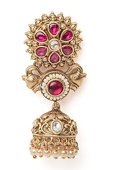 Gold Finish Pink Gemstone & Beaded Floral Jhumka Earrings
