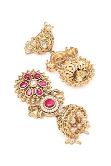 Gold Finish Pink Gemstone & Beaded Floral Jhumka Earrings