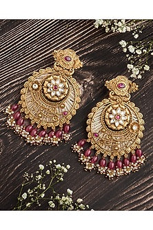 Gold Finish White Stone & Pink Beaded Chandbali Earrings