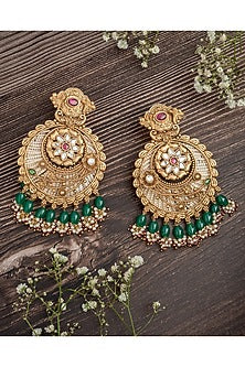 Gold Finish White Stone & Green Beaded Floral Chandbali Earrings