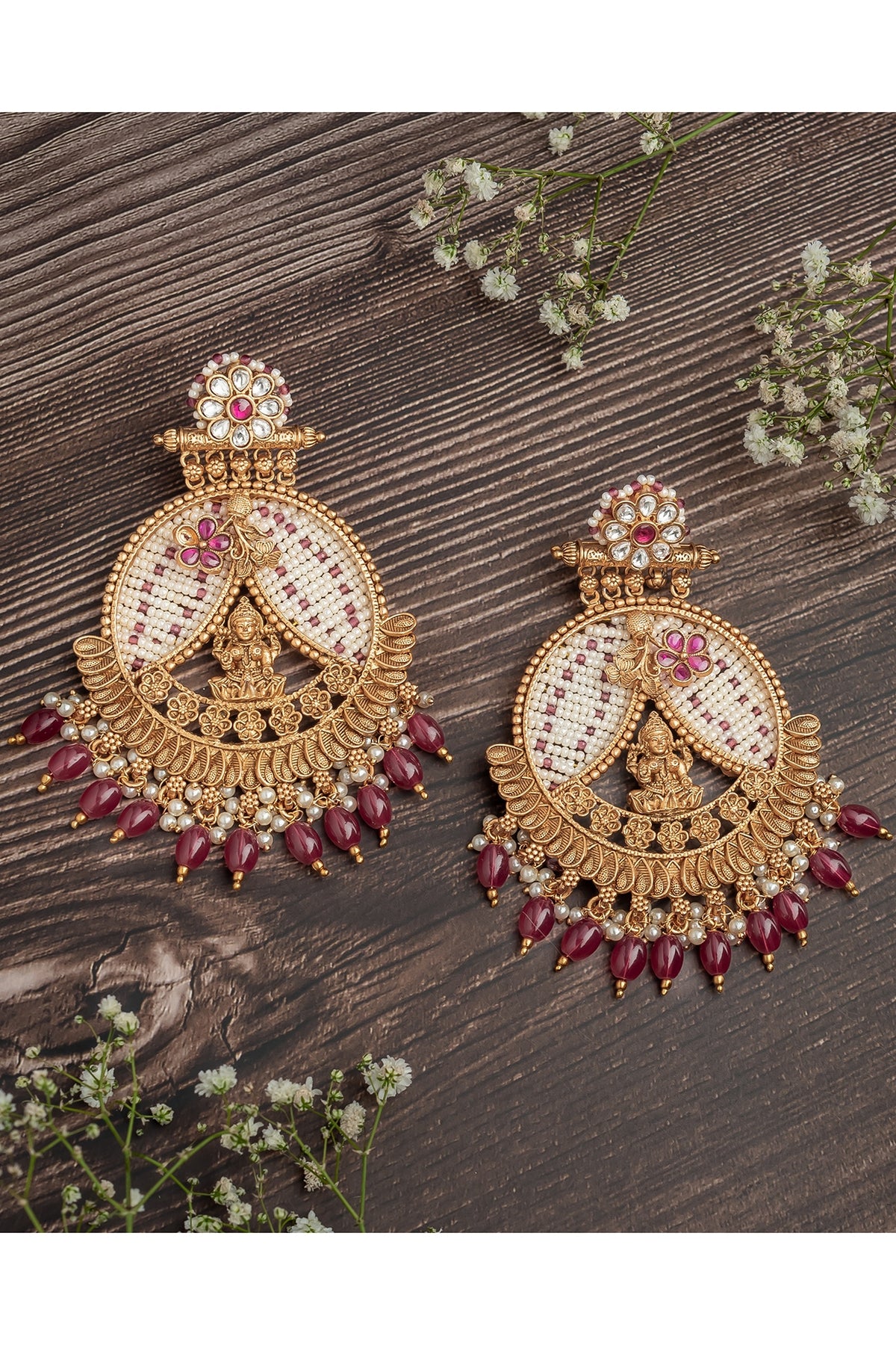 Gold Finish Pink Gemstone & Maroon Beaded Floral Chandbali Earrings