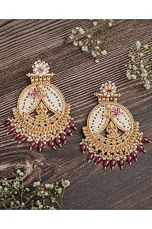 Gold Finish Pink Gemstone & Maroon Beaded Floral Chandbali Earrings