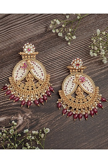 Gold Finish Pink Gemstone & Maroon Beaded Floral Chandbali Earrings