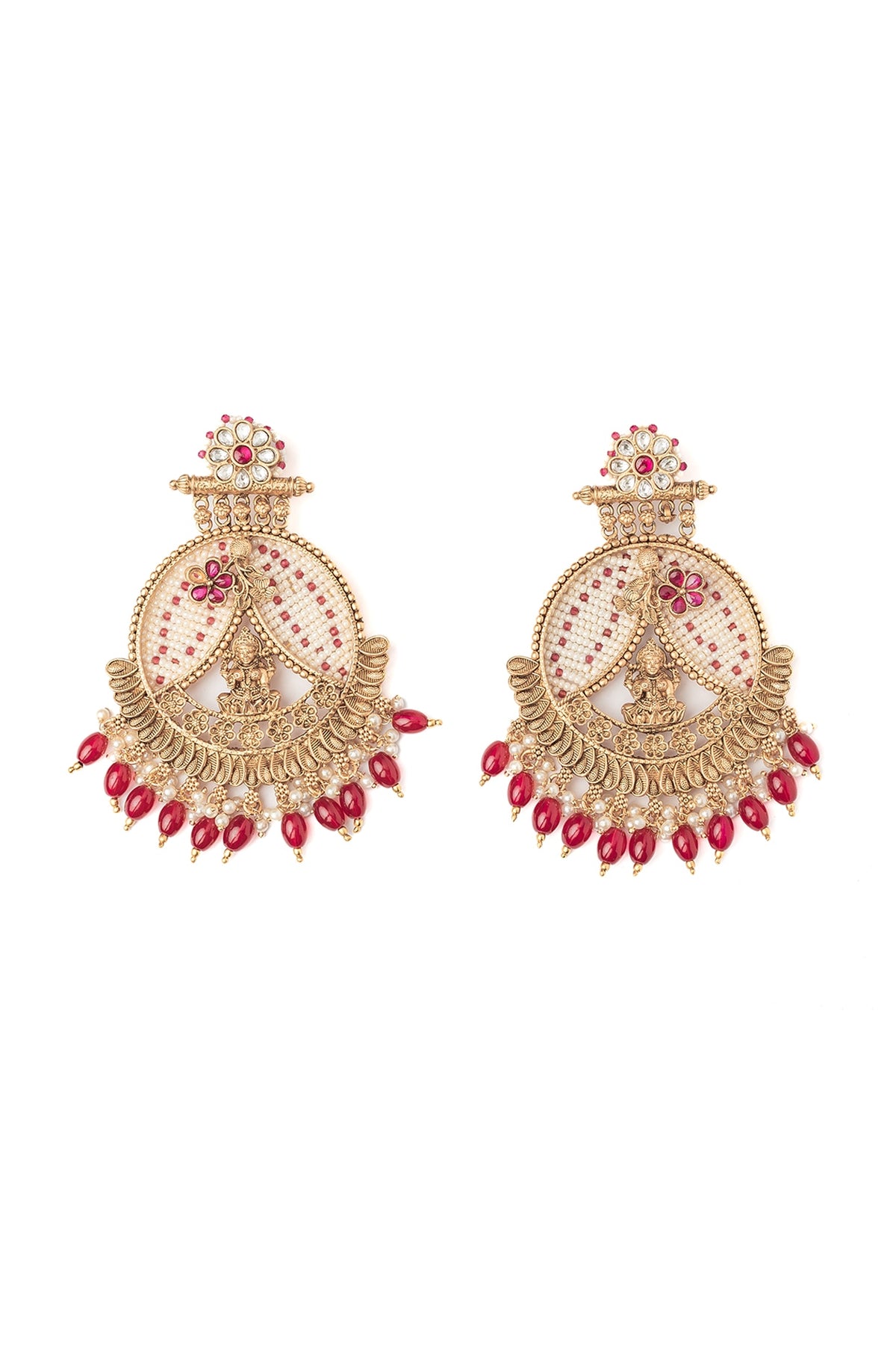 Gold Finish Pink Gemstone & Maroon Beaded Floral Chandbali Earrings
