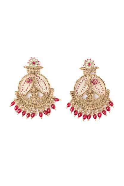 Gold Finish Pink Gemstone & Maroon Beaded Floral Chandbali Earrings