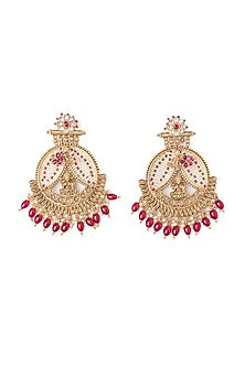 Gold Finish Pink Gemstone & Maroon Beaded Floral Chandbali Earrings