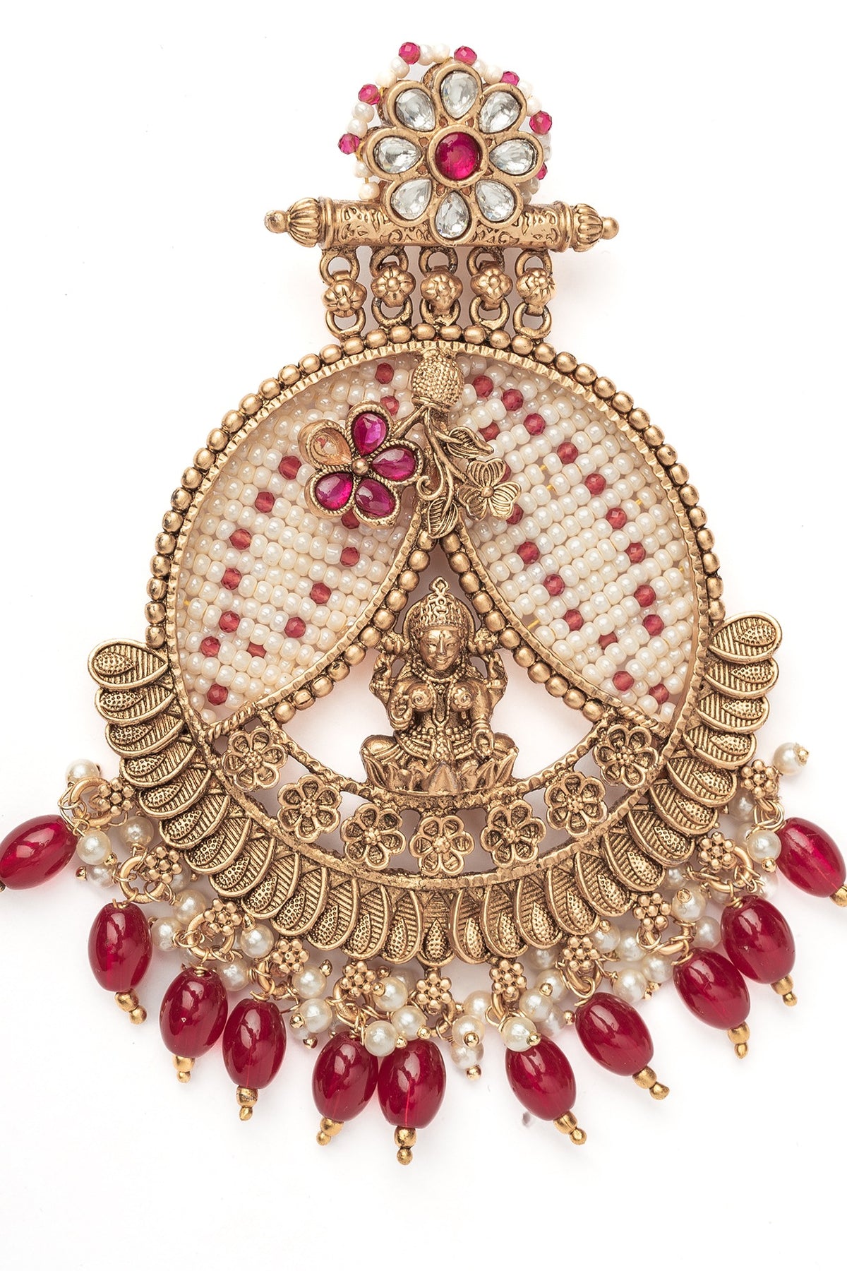 Gold Finish Pink Gemstone & Maroon Beaded Floral Chandbali Earrings