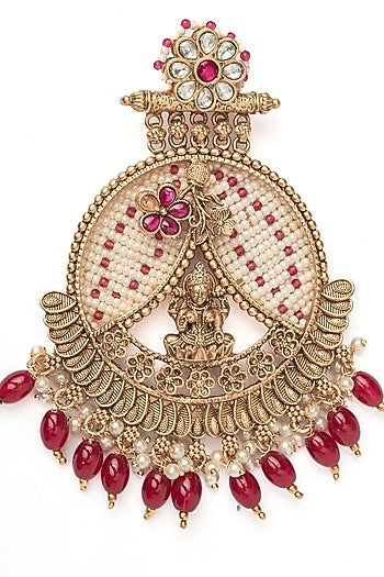 Gold Finish Pink Gemstone & Maroon Beaded Floral Chandbali Earrings