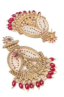 Gold Finish Pink Gemstone & Maroon Beaded Floral Chandbali Earrings
