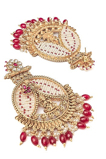 Gold Finish Pink Gemstone & Maroon Beaded Floral Chandbali Earrings