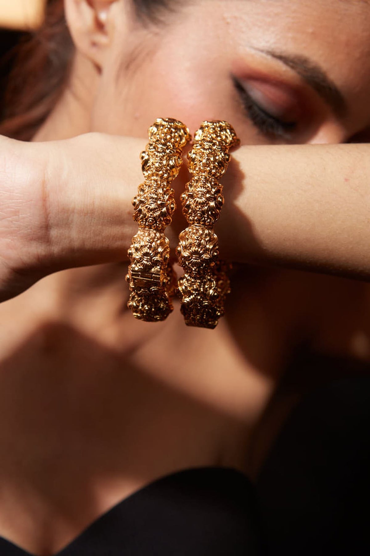 Gold Finish Textured Bangles (Set Of 2)