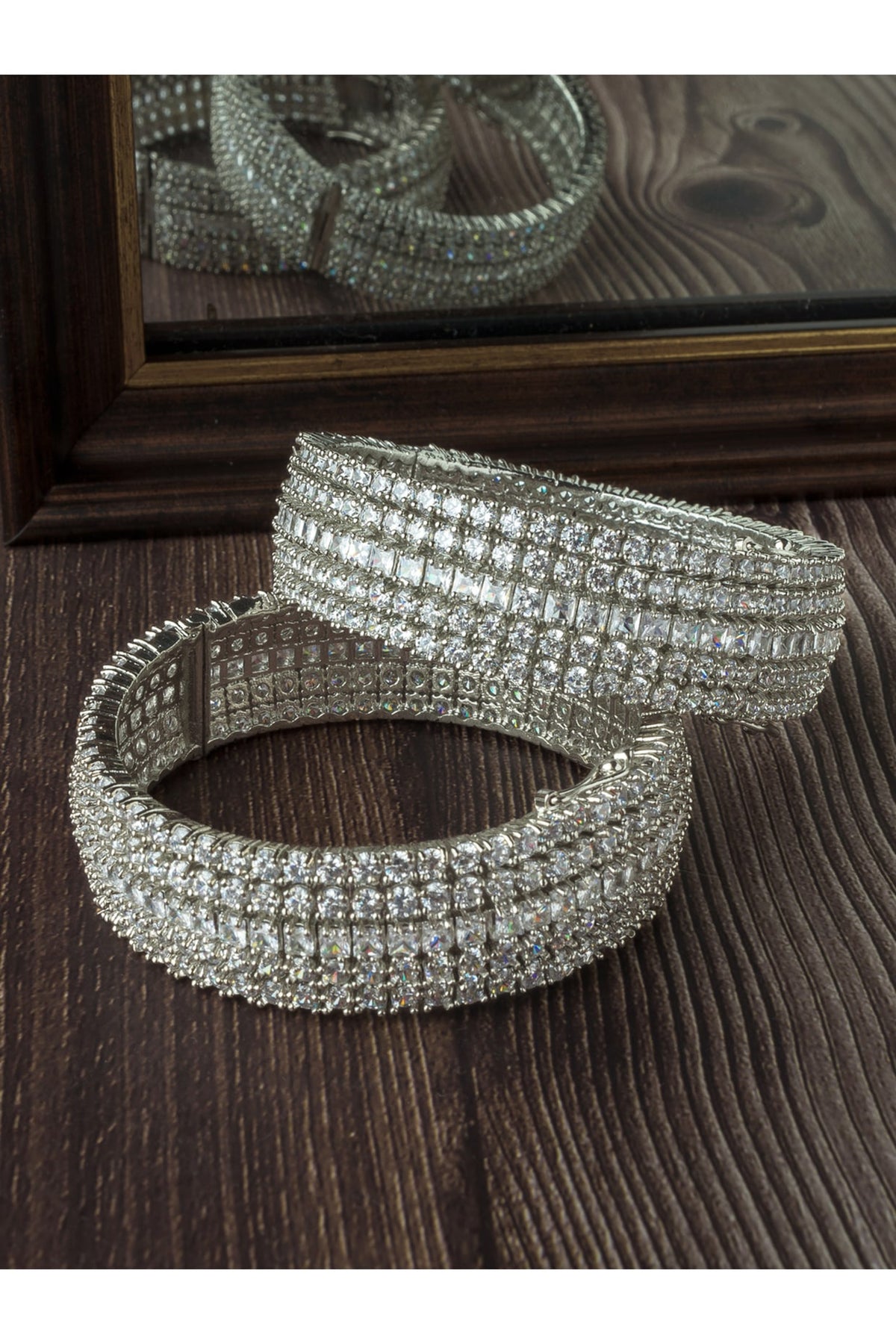 Silver Finish Zircon Bangles (Set Of 2)