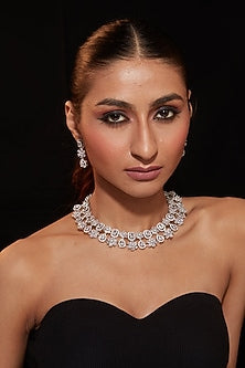 Silver Finish Zircon Floral Necklace Set