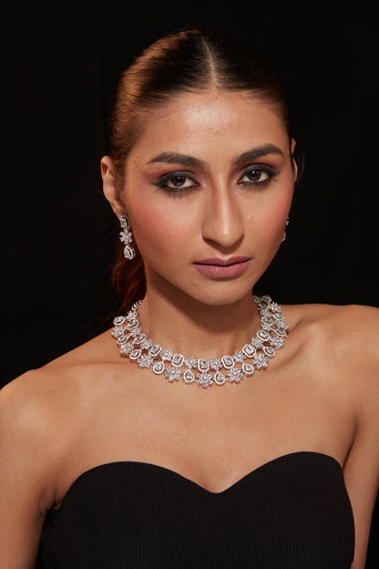 Silver Finish Zircon Floral Necklace Set