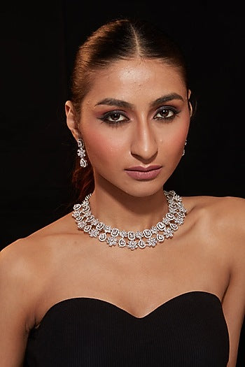Silver Finish Zircon Floral Necklace Set