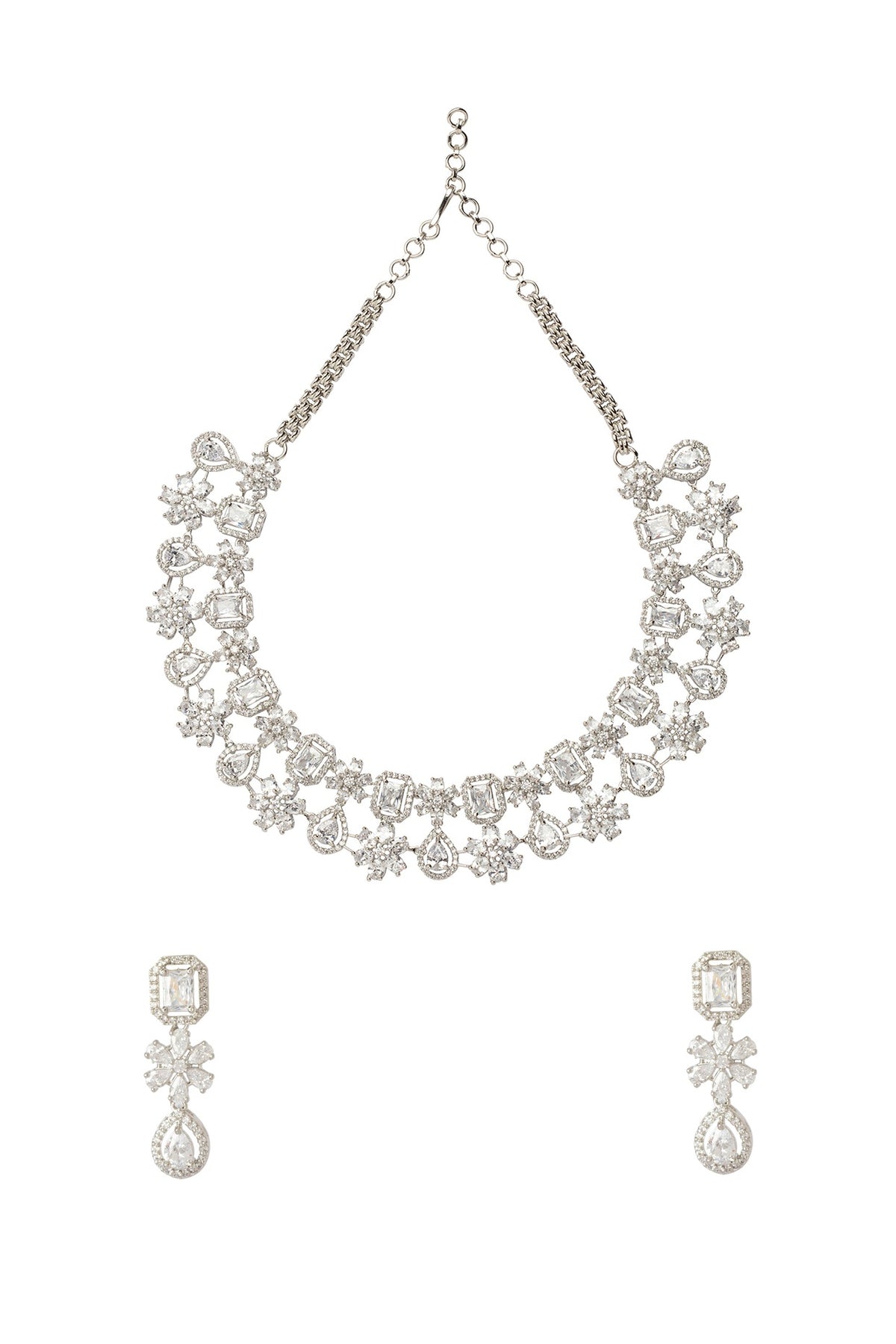 Silver Finish Zircon Floral Necklace Set