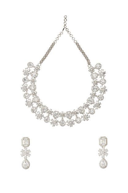 Silver Finish Zircon Floral Necklace Set